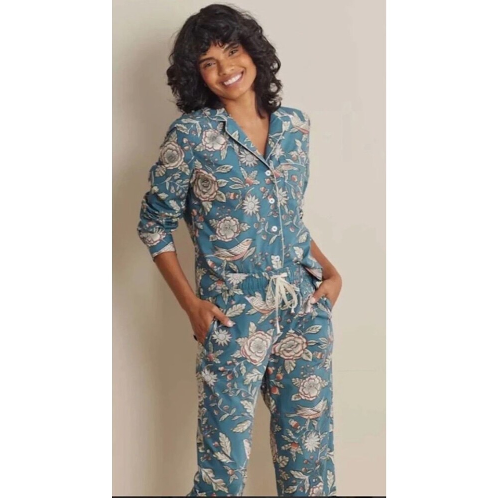 The Company Store Printed Poplin Button-Down Pajama Set Size L Birds & Flowers